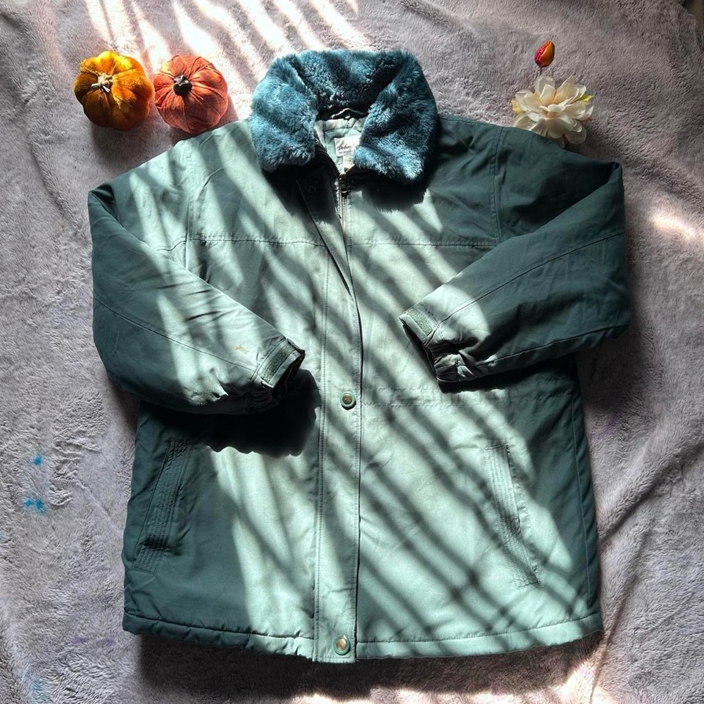 Men's Green Puffer Jacket with Faux Fur Collar